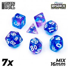 7x Dadi Mix 16 mm - Azzurro/Viola Trasparente